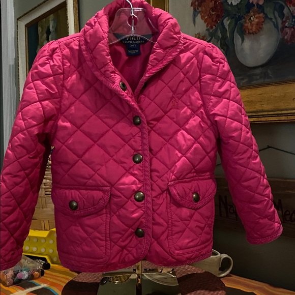 Polo Ralph Lauren girls' bright pink quilted barn jacket with corduroy trim 3T